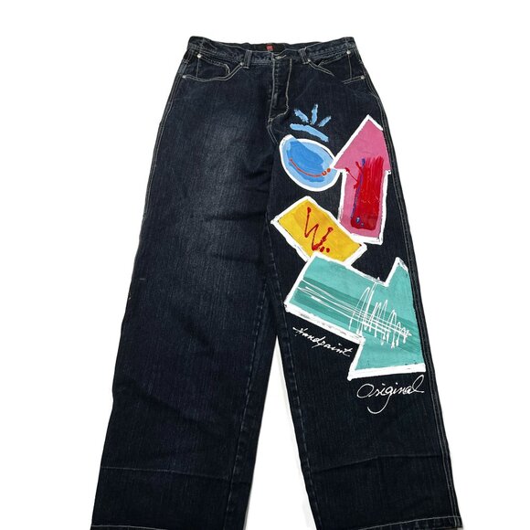 Boom X Jeans Mens 34 x 32 Baggy Wide Leg Y2K Painted Hiphop Denim Vintage 90s - Picture 12 of 14